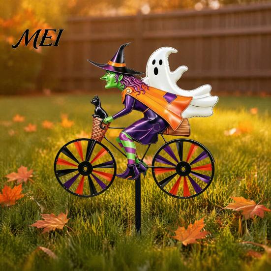 Yard Art for Garden Halloween Wizard/Ghost/Black Cat/Skeleton Bicycle Ground Stake Ornament, Metal Stakes, Patio And Balcony Ornaments Decorative