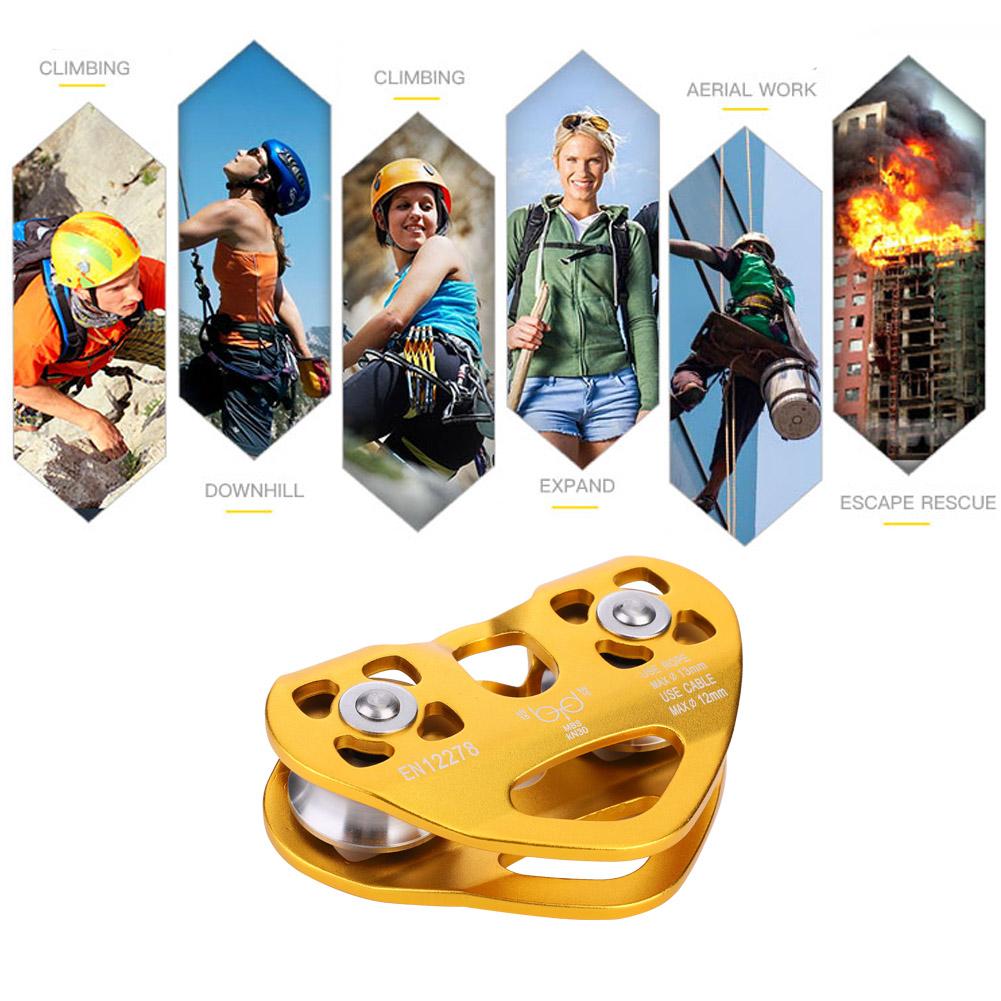 30KN Dual Pulley Zip Line Rescue Cable Trolley Outdoor Rock Climbing Equipment(Gold)