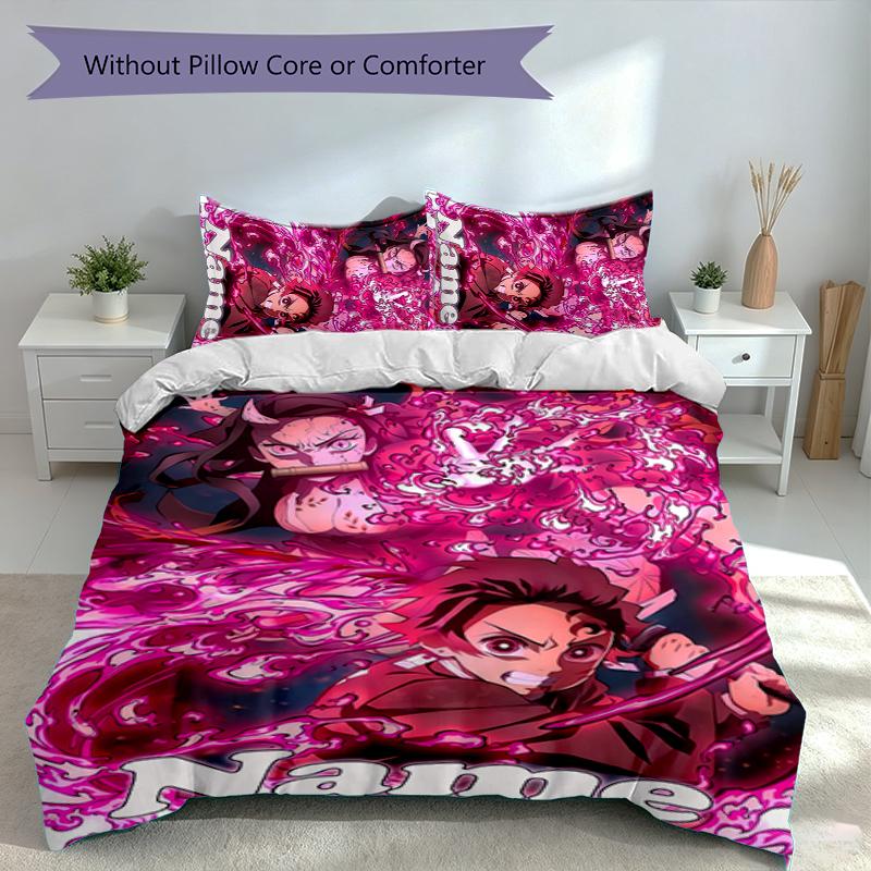 3pcs Custom Name Demon Slayer Tanjiro Kamado Set,Includes 1 Duvet Cover and 2 Pillowcases,All-season Bedroom Decor