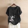 Women's Cotton Linen Round Neck Short Sleeve With Button Tops Printed T-shirt