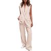 2 Pcs/Set Women Coat Pants Set Lapel Single Button Mid Length Cardigan Sleeveless Jacket Wide Leg High Waist Straight Trousers Lady Formal Commute