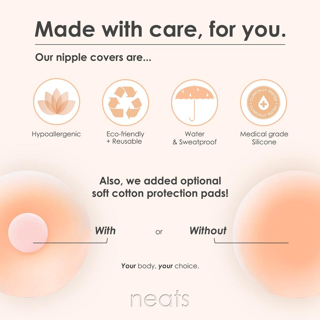 NEATS Nipple Cover 2 Reusable Hypoallergenic Sticky Adhesive Silicone Breast Strapless Bra Nipple Pasties for Dress or Lingerie Breast Concealer Pasty
