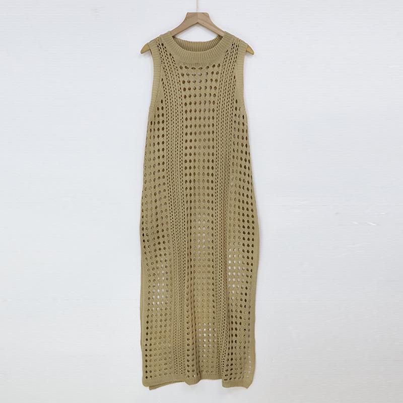 Летний женский полый вязаный жилет, морское длинное платье с круглым вырезом, без рукавов, пляжная накидка