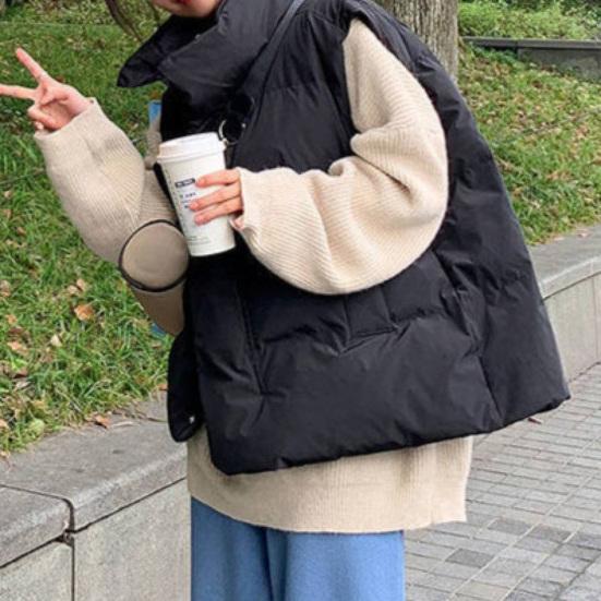 Women's Autumn and Winter Solid Color Loose Down Cotton Vest Standing Collar Casual Comfortable Jacket