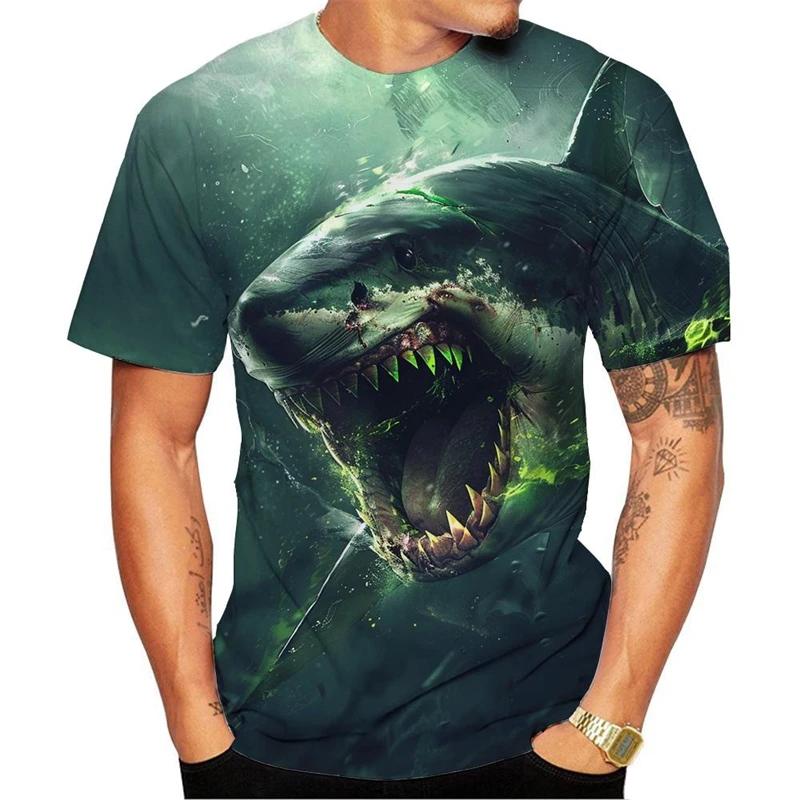 Summer Horror Great White Short Sleeve Fun 3D Colorful Printed Men's T-shirt Plus Size Loose Everyday Casual Comfortable Round-neck T-shirt