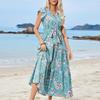 Женское весеннее платье без рукавов с цветочным принтом и V-образным вырезом, летнее повседневное платье А-силуэта длиной до щиколотки с высокой талией и шнуровкой, бохо-пляжное платье для отдыха