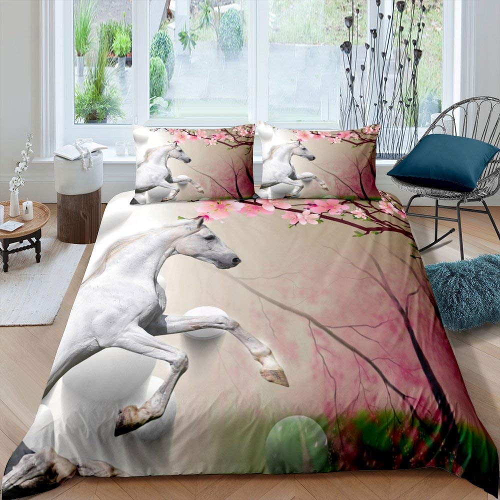 Белый конь Розовый цвет сакуры Король Полный Комплект Постельного Белья Акварельный Цветочный Пододеяльник Животный Пододеяльник Полиэстеровый Чехол для Одеяла