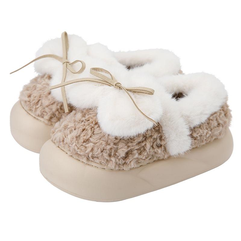 Тапочки хлопковые с пяткой, женские, осенне-зимние, милые, с бантом, для дома, с толстой подошвой, пушистые хлопковые туфли, можно носить на улице