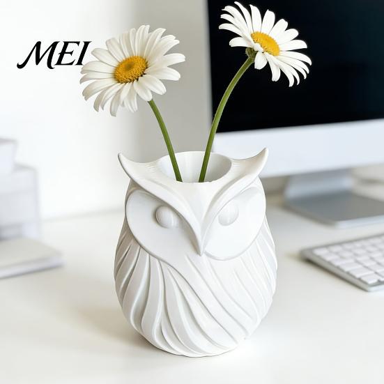 Three-dimensional Owl Decor 3D Printed Pen Holder, 2 in 1 Flower Vase Decorative Holder Desk Organizer, Cute Plastic Makeup Brush Home Office