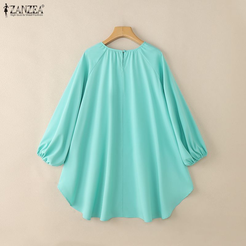 ZANZEA Women Casual Round Neck Loose Long Sleeve Asymmetrical Hem Cover Up Blouse