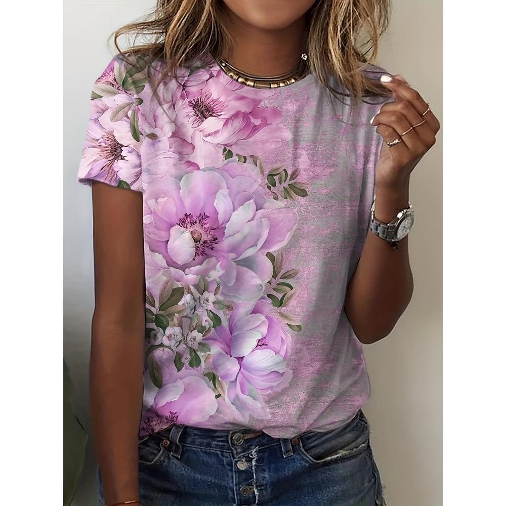 Женский летний топ с круглым вырезом, элегантный, дышащий, с коротким рукавом, с цветочным узором, свободный, повседневный