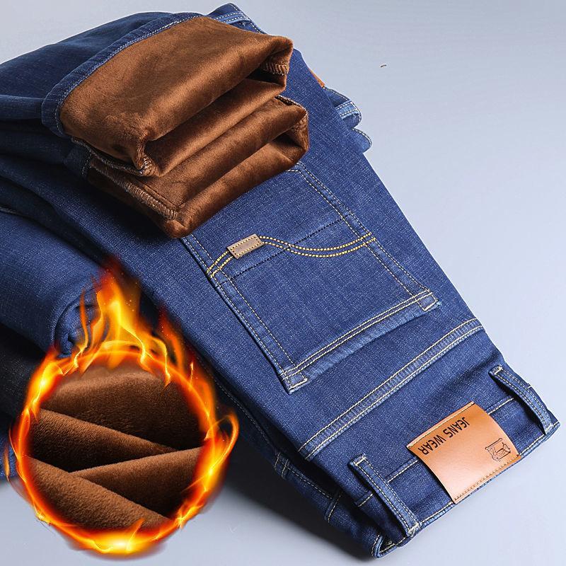 Autumn Winter Warm Flocking Denim Soft Man Activities Fleece Line Men Jeans Black Blue Grey Colors