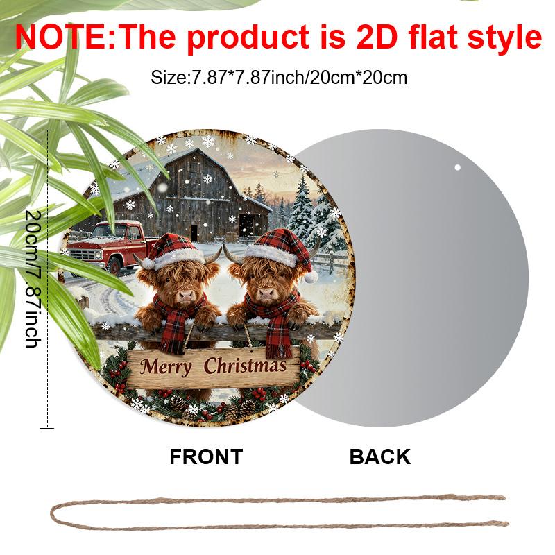 2D Flat Merry Christmas Aluminium Sign with Highland Cow Pattern - Navidad Figurine Ornaments - Ideal for Front Door, Wall, Porch, Fence Decor