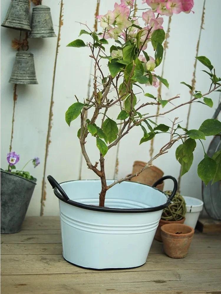 Белое Металлическое Железное Ведро с Двойными Ручками Посадочные Вазы Овальный Цветочный Горшок Декор для Дома Сада Двора Балкона Украшение