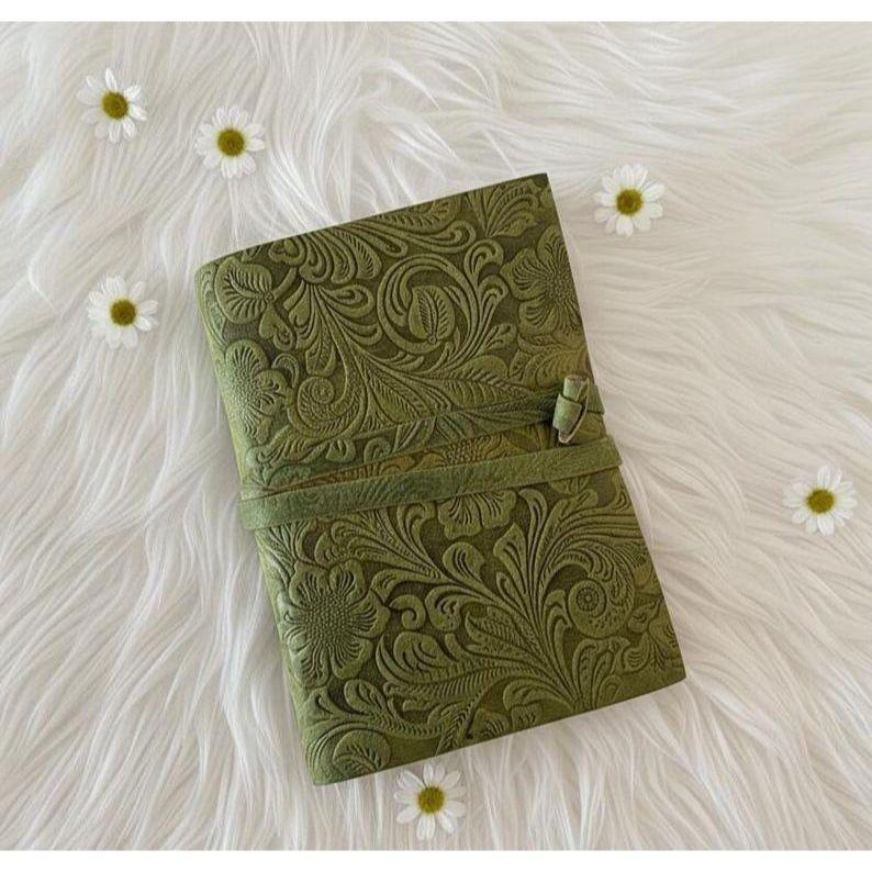 Embossed Flower Leather Journal: Handmade Deckle Edge Grimoire Meditation Gifts