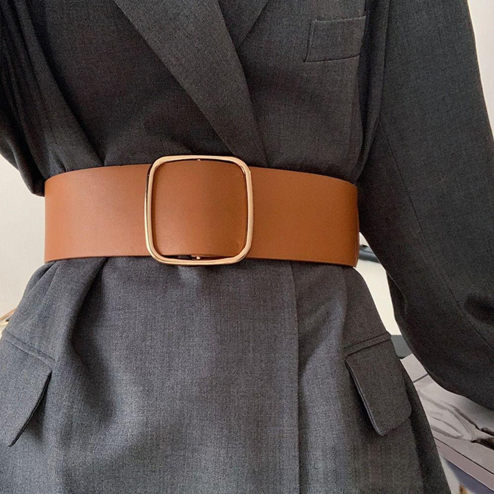 Design Vintage Casual Trouser Dress Belts No-hole Buckle Waistband Wide Waist Strap Leather Belt