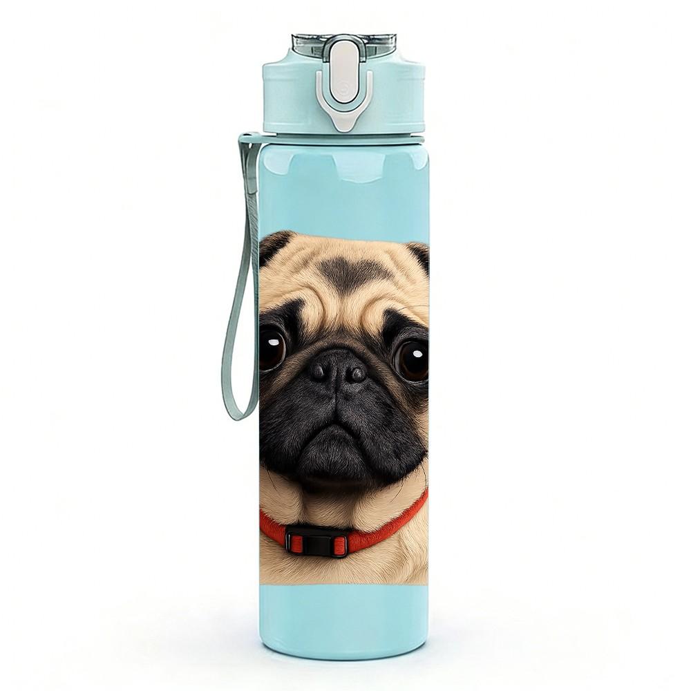 1PC Pug Dog Wrinkled Face Close Up 750ml Color Plastic Sports Water Bottle Leakproof Flip Straw Lid Suitable for Sports Office Home Use