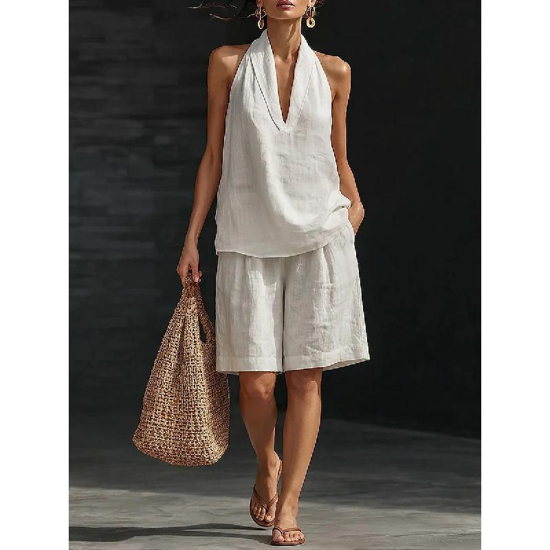 Women's V-neck Vest Shorts Holiday Casual Two-piece Set