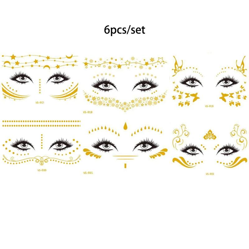 Блестящие наклейки татуировки на лице флэш-золотые временные металлические татуировки водостойкий макияж наклейки для девочек вечеринка музыкальный фестиваль