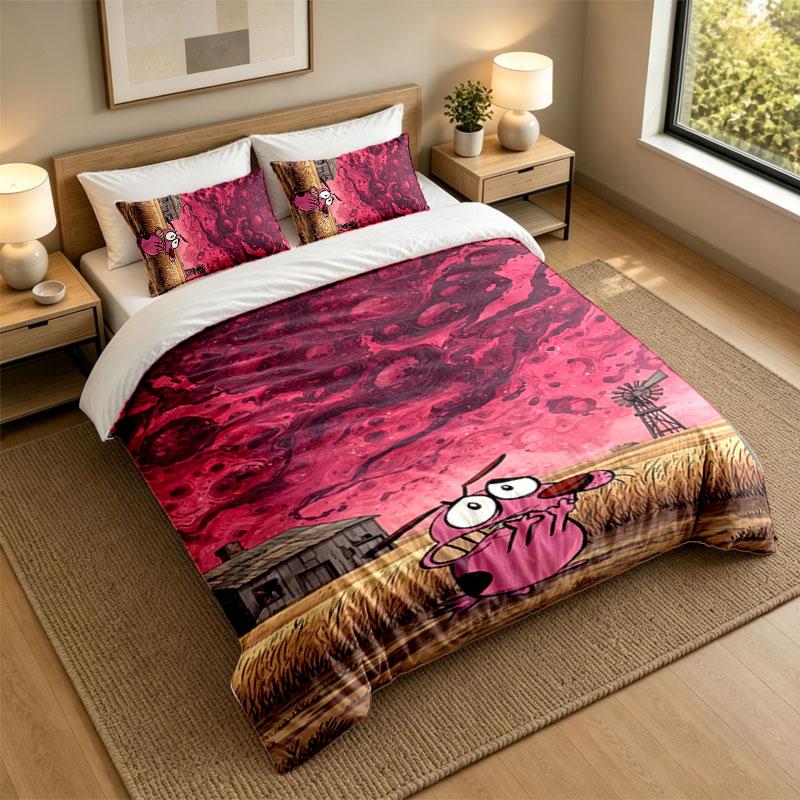 3Pcs Bedding SetCourage the Cowardly Dog Soft Bed Sheet and Two Pillowcases Home Bedroom Decor