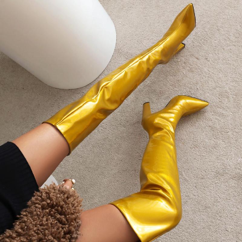 Модные сексуальные серебристо-красные высокие сапоги женские лакированные кожаные золотые белые каблуки выше колена высокие сапоги для женщин фетиш длинные туфли