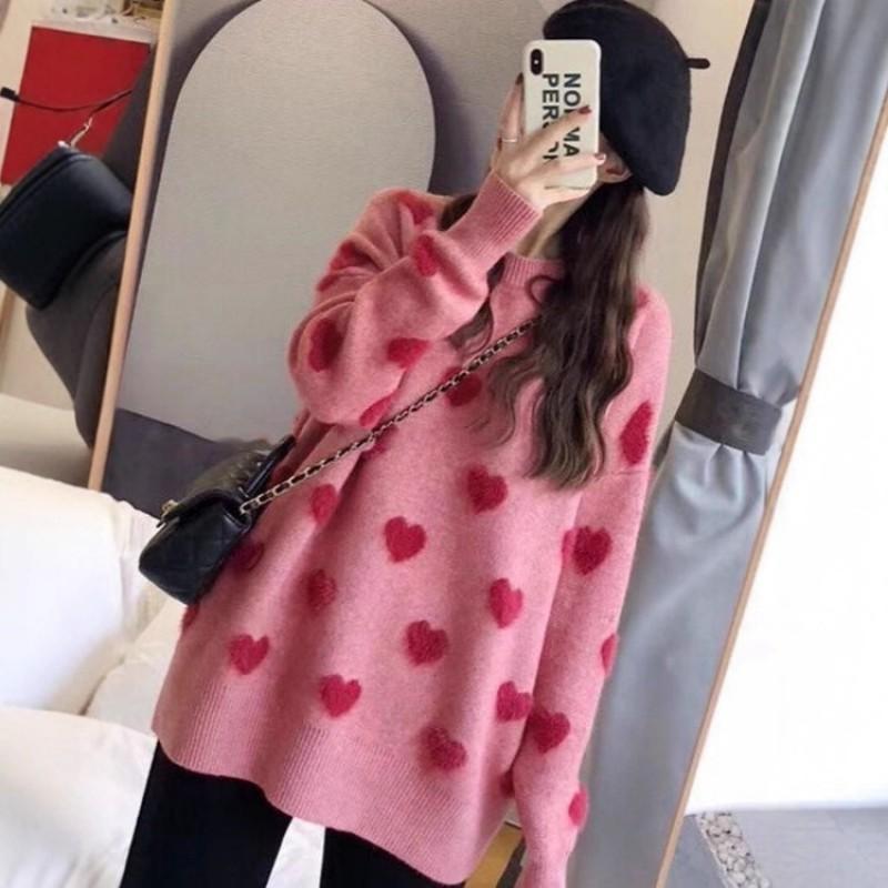 Womens Heart Knit Sweater Loose Fit Round Neck Long Sleeve Pullover 2026 Fall Winter