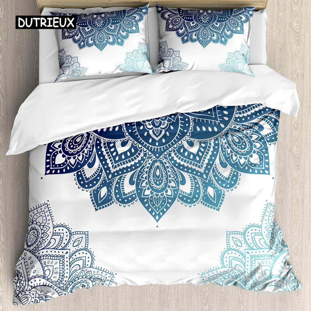 Mandala Buddha Duvet Cover Set,Bohemian Bedding Set Golden Black Lotus Flowers Print Luxury Microfiber Polyester Comforter Cover