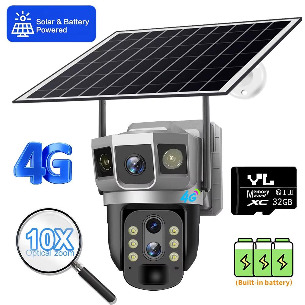 LS VISION 10-кратный зум, солнечная камера, 12 МП, 6K, камера обнаружения движения, PTZ, ночное видение, видеонаблюдение, 4G, SIM-карта, двойной объектив, 3 экрана, CCTV