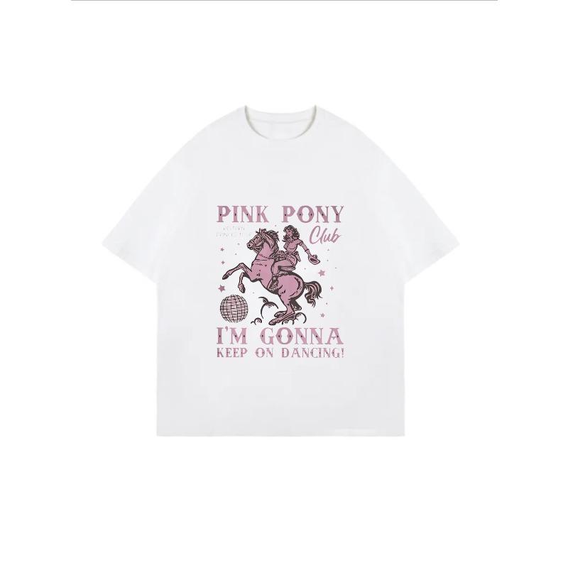 Оверсайз Футболка с Принтом Розового Танцующего Пони – «PINK PONY Club» Дерзко-Милый Динамичный Топ со Словосочетанием