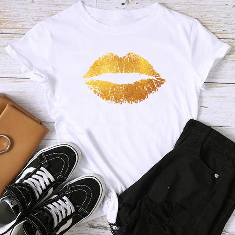 (Asian Size) Fashion Lip Watercolor Style 90s Trend Sweet Print Graphic Tee Female Casual T Clothing Casual Women's Top Short Sleeve T-shirt