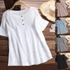 Spring Summer Solid Color Short Sleeved Round Neck Button Up Shirt Pure Cotton Linen T-shirt Women's Clothing