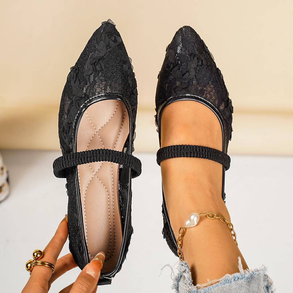 Женские балетки из кружева и сетки широкой полноты - Лоферы с эластичной вставкой слип-он с острым носком, Дышащая повседневная обувь для ежедневной носки