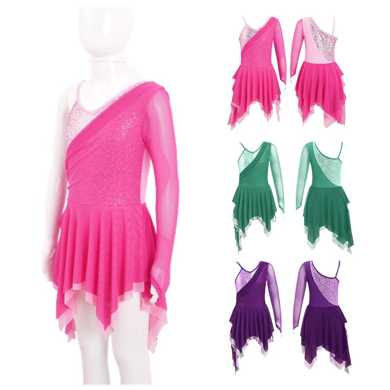 Kids Girls Stylish Dance Dress Single Long Sleeve Mesh Irregular Hem Contrast Color Skating Leotard Dress