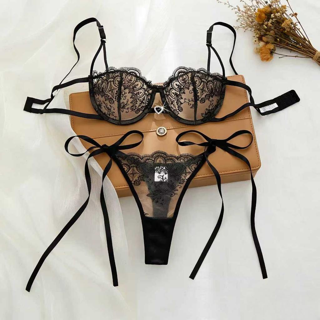 Popular sexy perspective sex bra European and American pure desire light mesh ribbon thong underwear set