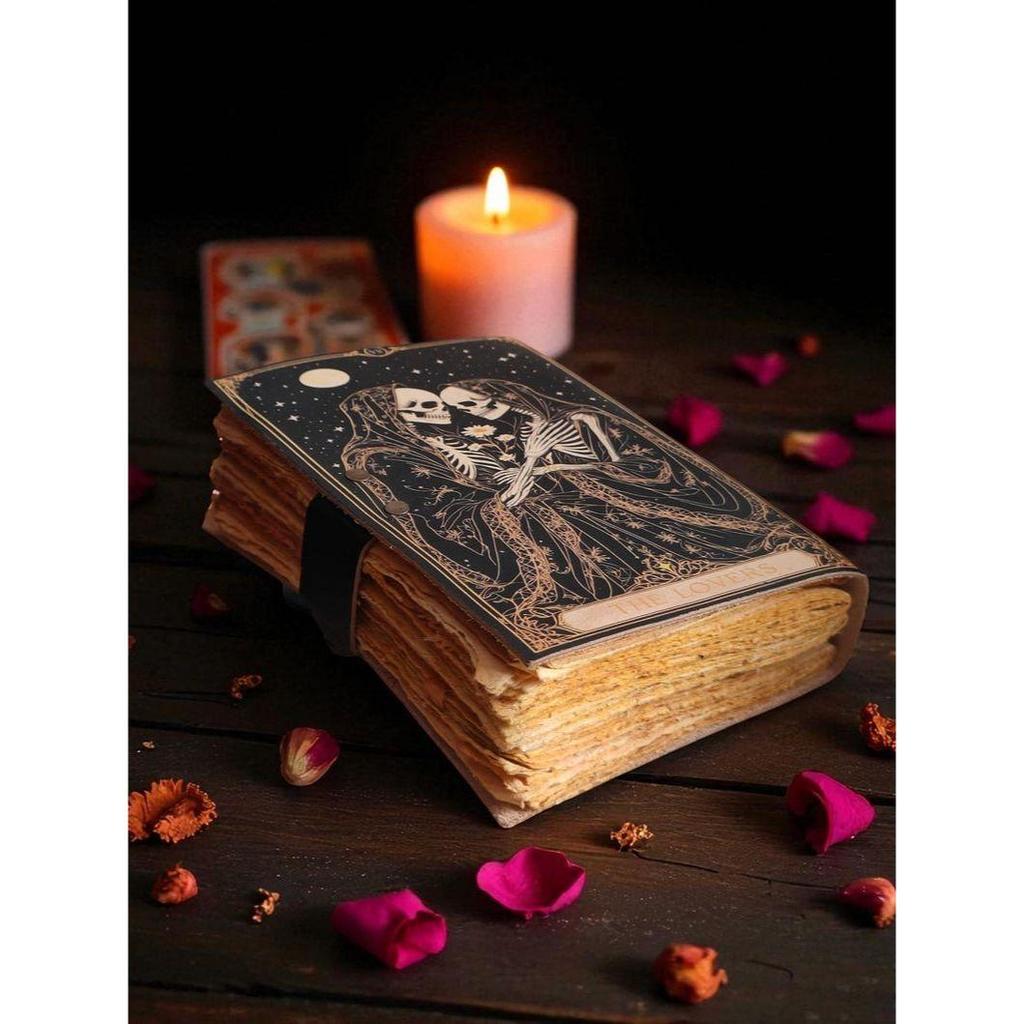 Book of Spells Grimoire Printed Journal The Lovers Tarot Notebook Spiral Gothic Notebook Skull Lover Antique Journals Gifts for Men or Women