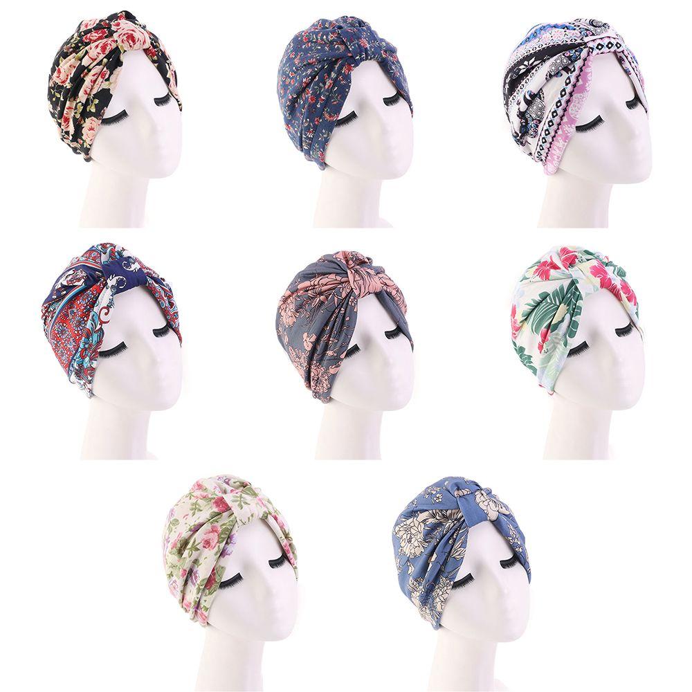 Knot Pleated Cotton Floral Print Turban Hat Head Cover Wrap Hat Soft Bonnet Sleep Night Cap