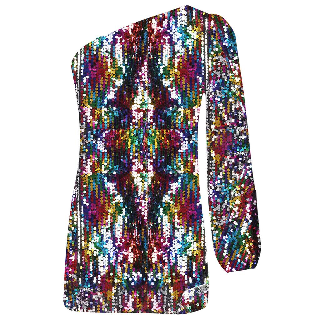 Платье для девочек с блестящими пайетками, на одно плечо, с длинным рукавом, длиной выше колена, праздничное платье на день рождения, для конкурса красоты, для свадьбы