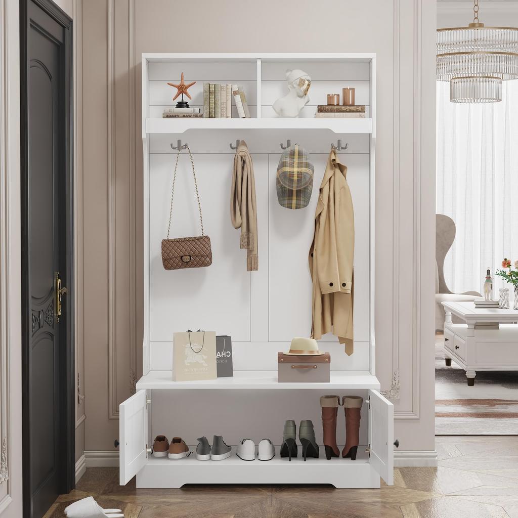 Garderoben-Set Flur, Kompaktgarderobe Modern: 4 Kleiderhaken, Schuhschrank, Schuhbank, offenes Fach, Eingangsschrank, Garderobenständer, Weiß