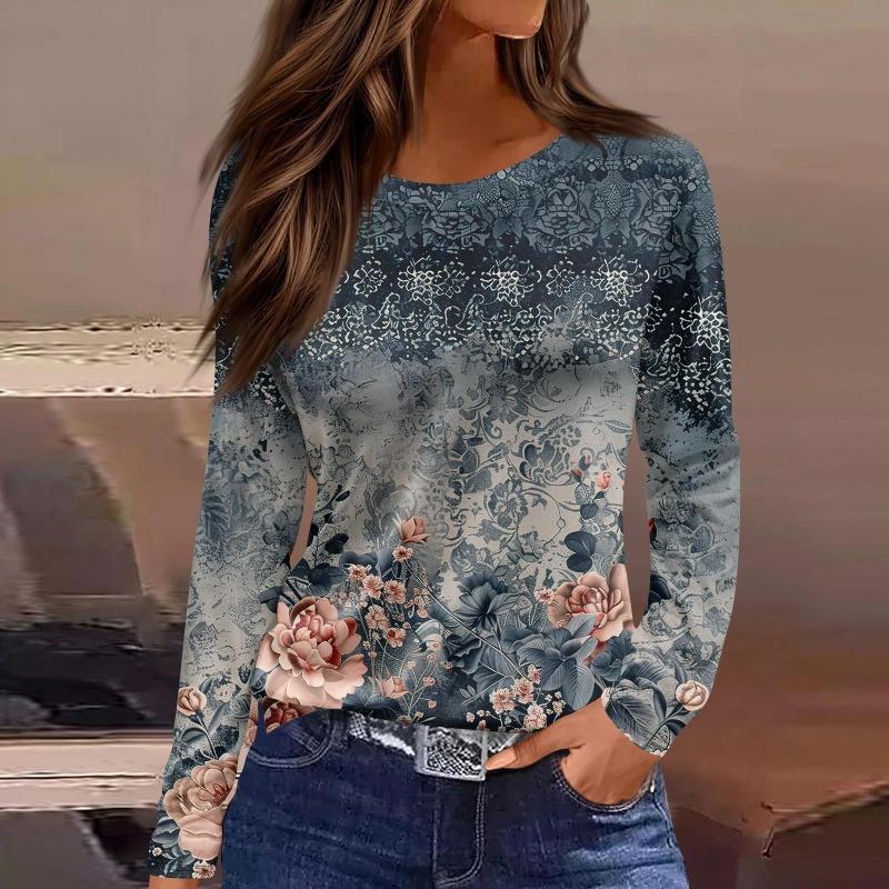 Women's Fashion Casual Slit Hem Round Neck Long Sleeve Loose Printed T-Shirt Ladies Top T-Shirts Women’s