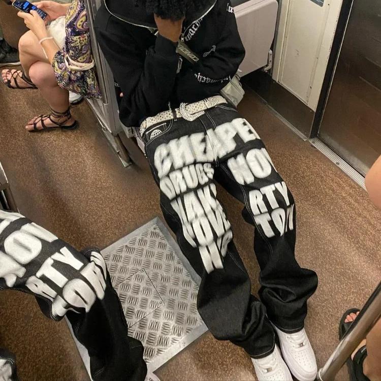 Y2k Jeans Hip Hop Letter Printed Black Pants Men Women New Trend Fashion Punk Loose Straight Wide Leg Trousers Streetwear
