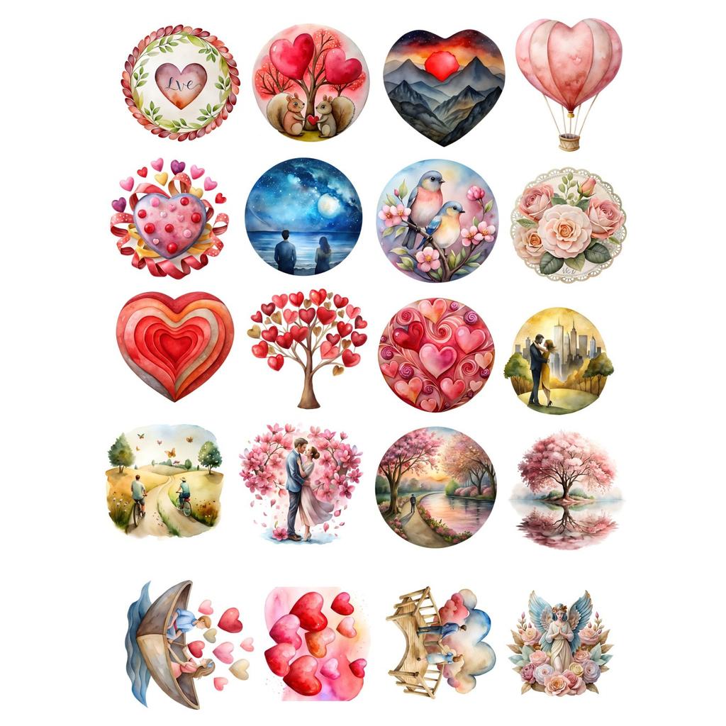 20pcs Cute Watercolor Valentine's Day Flower Heart Stickers DIY Scrapbook Diary Decoration Album Stationery vintage journal