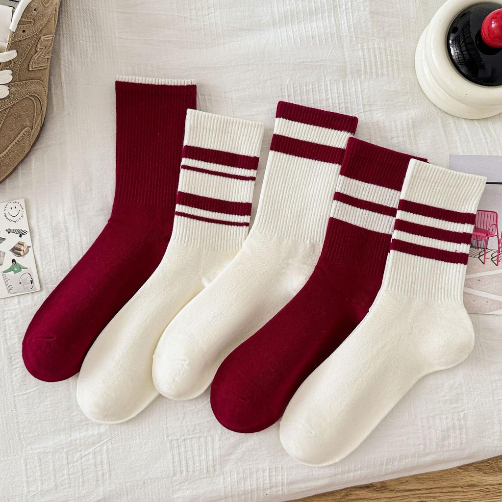 3 Pairs Women Combed Cotton Crew Socks Trendy Striped Varsity Mid Calf Sporty Casual Socks