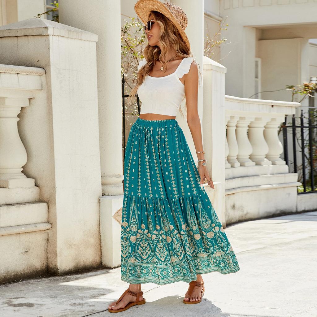 Женские юбки макси с цветочным принтом, летние платья-трубы, длинная плиссированная пляжная юбка А-силуэта