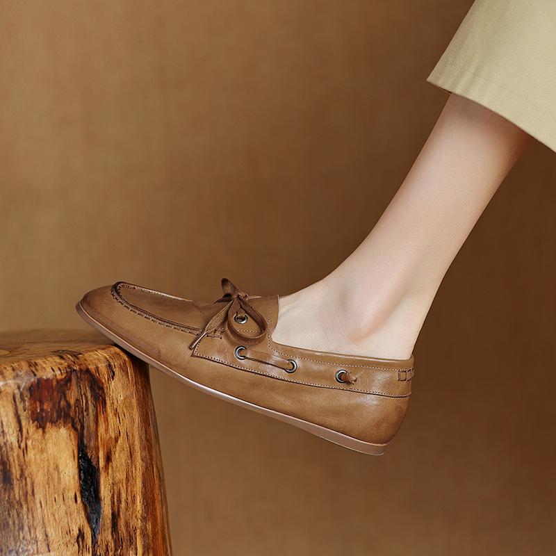 Модная женская обувь из коровьей кожи с круглым носком, повседневные лоферы, женская обувь без каблука, новинка 2025, весенне-осенние мюли, простая женская обувь