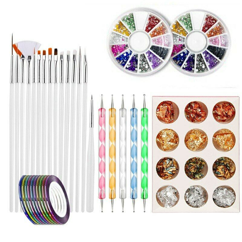 Nail Set Dotting 44pcs Art Brushes Tools Rhinestone Sticker Line Tape Foil Decor