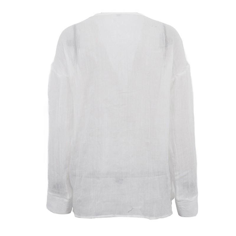 Womens Twist Knot V-Neck Long Sleeve Loose Shirt French Style Casual Top