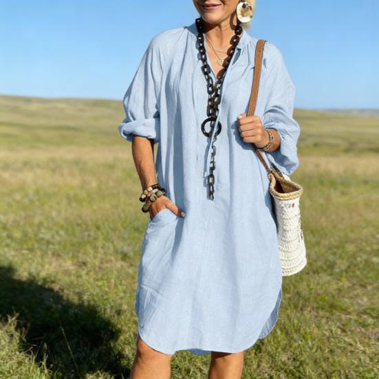 Хлопково-льняное платье для женщин Бохо Повседневное Пляжное Летнее платье с длинным рукавом V-образным вырезом Свободное платье