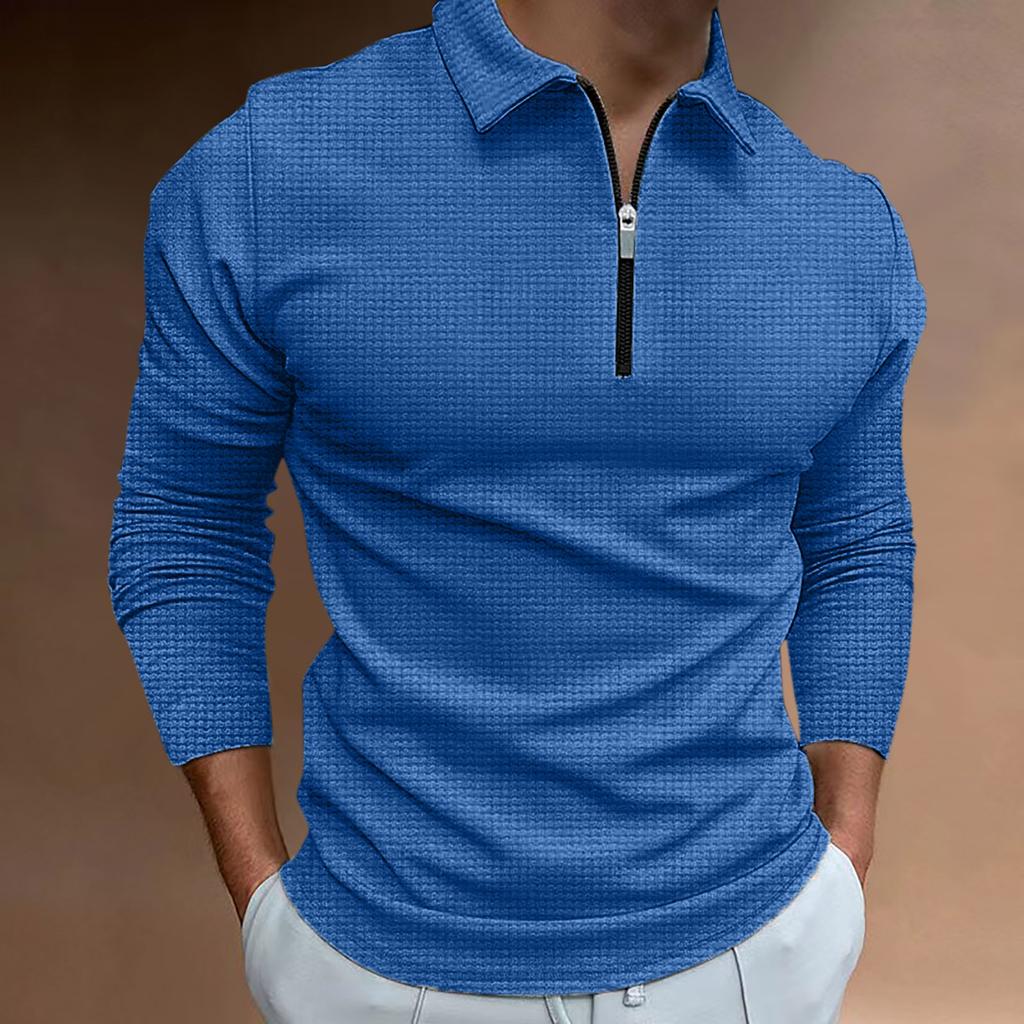 New Waffle Zip Long Sleeve Polo Shirt Men's T-shirt Top 8 Colours