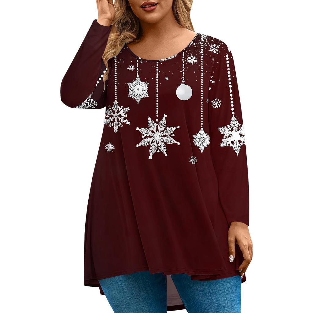 Women's Fashion Large Size Round Neck Long Sleeve Casual Christmas Print Loose Pullover Top