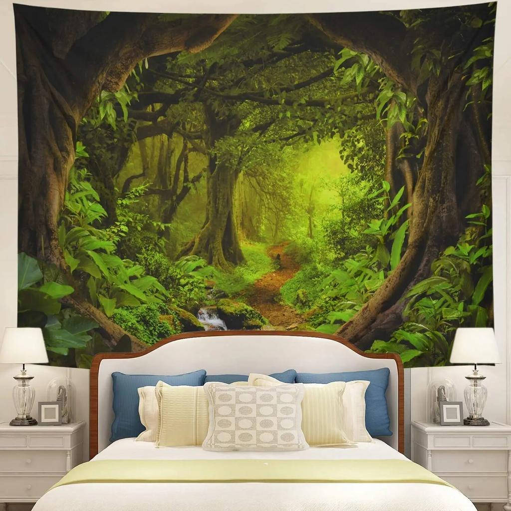 Fantasy Forest Landscape Tapestry Flowers and Plants Misty Tree Hole Tapestry Wall Art Hanging Cloth Room Home Decoration